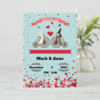 Cartoon of bride and groom riding bicycles to meet