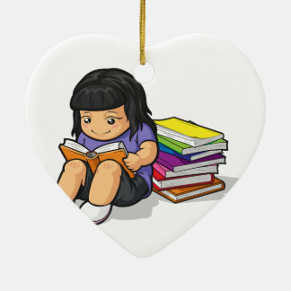 Cartoon of Girl Student Studying & Reading Book Ceramic Tree Decoration