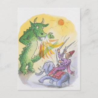 Cartoon of mythological fire breathing dragon postcard