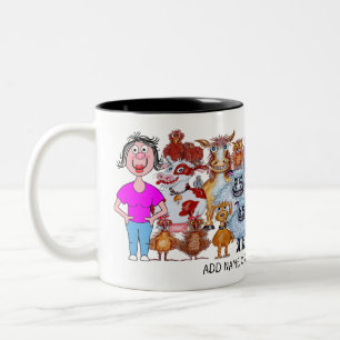 Cartoon of woman and animals Two-Tone coffee mug