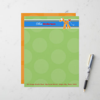 Cartoon Orange Giraffe Green Dots Kid Children Fun Personalised Letterhead