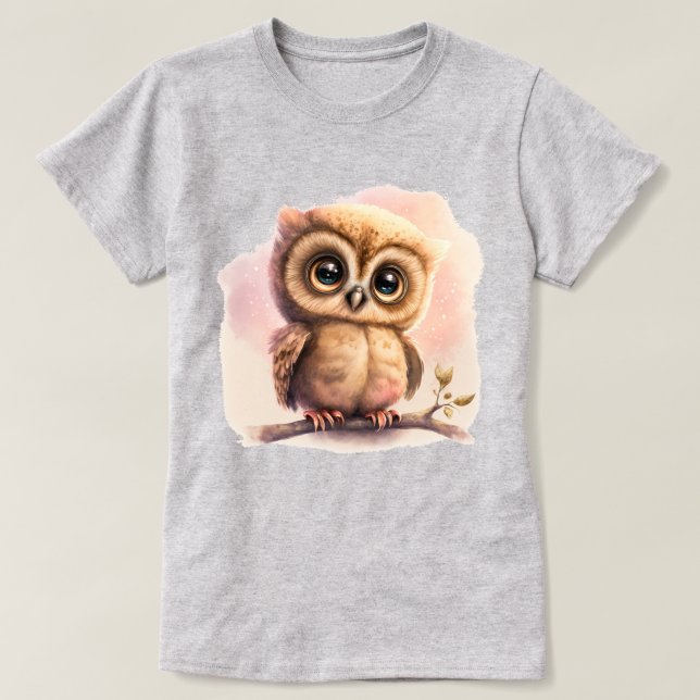 Cartoon Owl Perched on a Branch with Big Eyes T-Shirt (Design Front)