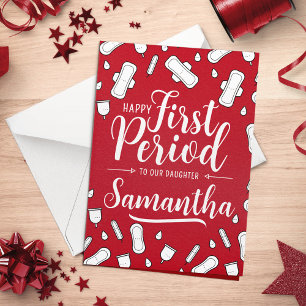 Cartoon Pads Red Script Teen Girl First Period Card