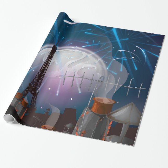 Cartoon Paris Skyline with Fireworks Wrapping Paper (Unrolled)