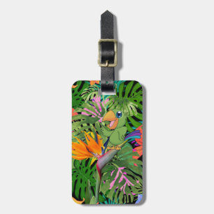 Cartoon Parrot, Palm Leaves - Personalised Luggage Tag