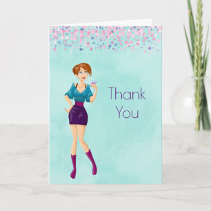 Cartoon Party Girl with Pink Confetti Thank You Card