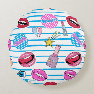 Cartoon patch badges: pop art. round cushion