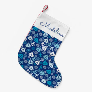 Cartoon Pattern With Sailboats   Add Your Name Small Christmas Stocking