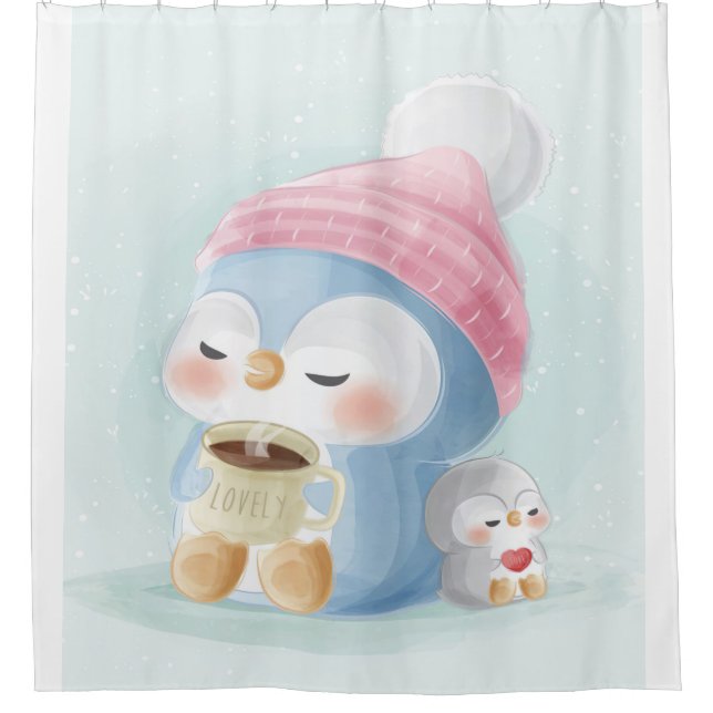 Cartoon Penguin| Cute Penguin With Snow Shower Curtain (Front)
