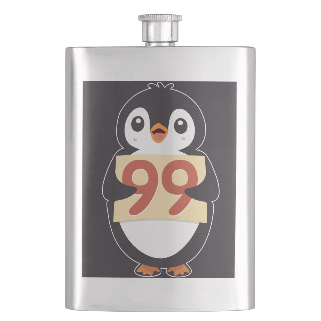 Cartoon Penguin Holding Number 99 Hip Flask (Front)