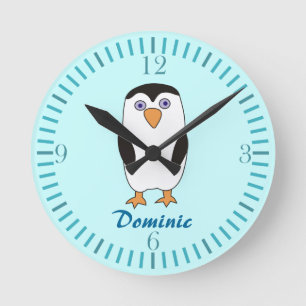 Cartoon Penguin Kids Name Aquamarine Wall Clocks