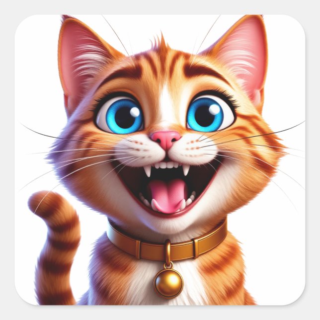 Cartoon Pet Cat With Blue Eyes Happy Expression 😸 Square Sticker (Front)