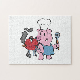Cartoon pig making bbq choose background colour jigsaw puzzle