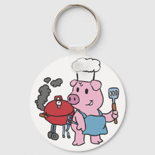 Cartoon pig making bbq   choose background colour key ring