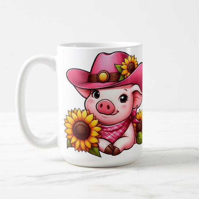 Cartoon Pig with Pink Hat and Sunflowers  Coffee Mug (Left)