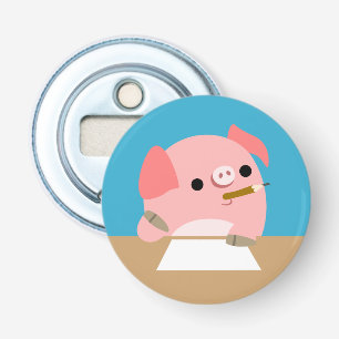Cartoon Pig "Writer's Block" Button Bottle Opener