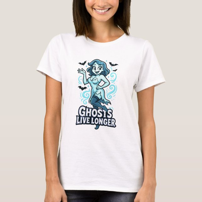 Cartoon Pin-Up Ghost – Ghosts Live Longer T-Shirt (Front)