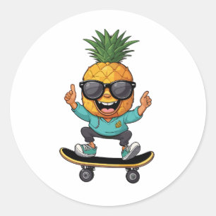 Cartoon Pineapple with Sunglasses on a Skateboard Classic Round Sticker