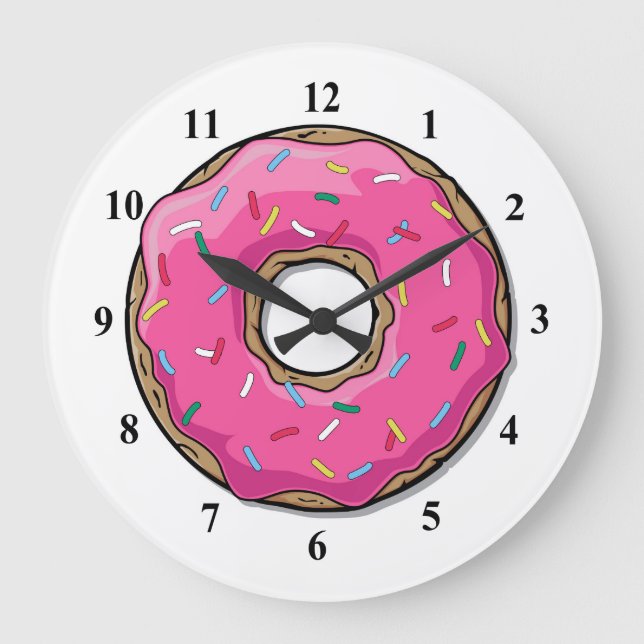 Cartoon Pink Doughnut With Sprinkles Large Clock (Front)