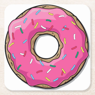 Cartoon Pink Doughnut With Sprinkles Square Paper Coaster