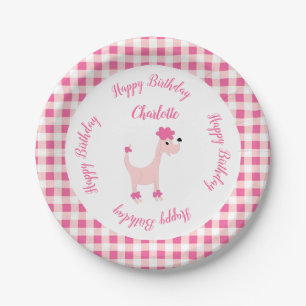 Cartoon pink poodle Posh Paws gingham birthday Paper Plate