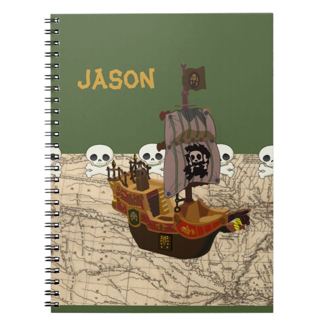 Cartoon Pirate Ship Customise Name Notebook (Front)