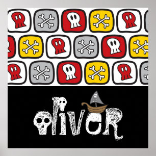 Cartoon Pirate Ship Skulls Bones Fun Colourful Boy Poster