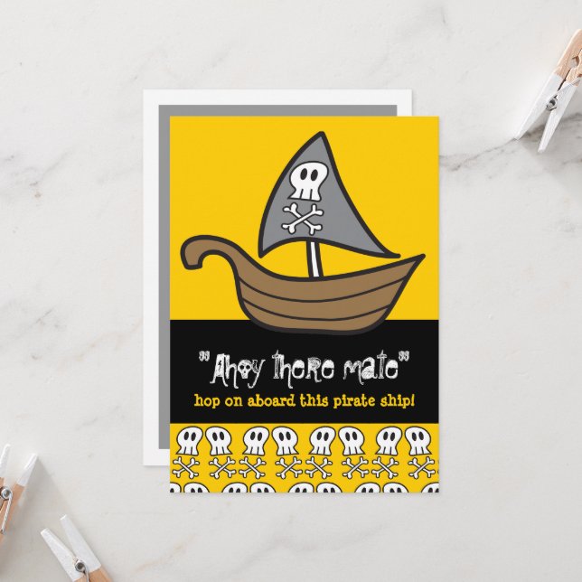 Cartoon Pirate Skulls & Bones Kid's Birthday Party Invitation (Front/Back In Situ)