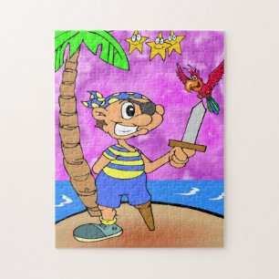 Cartoon Pirate With Parrot And Stars Jigsaw Puzzle