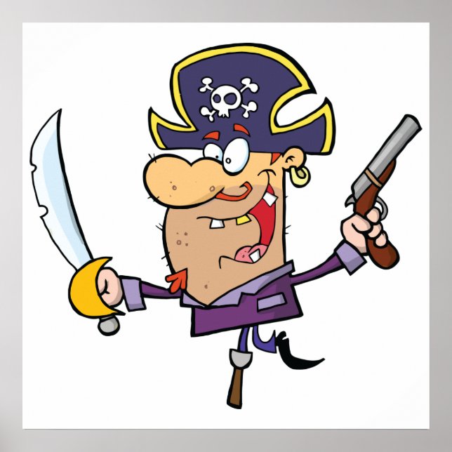 Cartoon Pirate with Sword and Pistol Poster (Front)