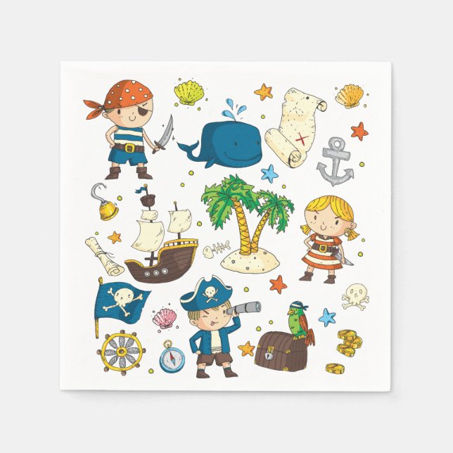 Cartoon Pirates Island Ship Kids Birthday Napkins (Front)