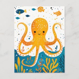 Cartoon Playful Octopus with Colourful Fish Postcard