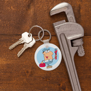 Cartoon Plumber Holding Pipe Wrench and Toolbox Key Ring