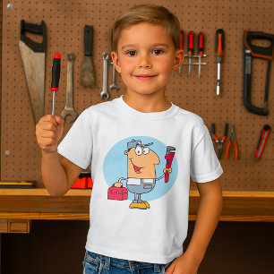 Cartoon Plumber Holding Pipe Wrench and Toolbox T-Shirt