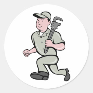 Cartoon Plumber with monkey wrench running Classic Round Sticker