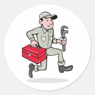 Cartoon Plumber with monkey wrench running Classic Round Sticker