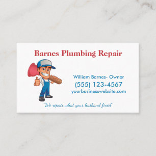 Cartoon Plunger Guy Professional Plumbing Service Business Card