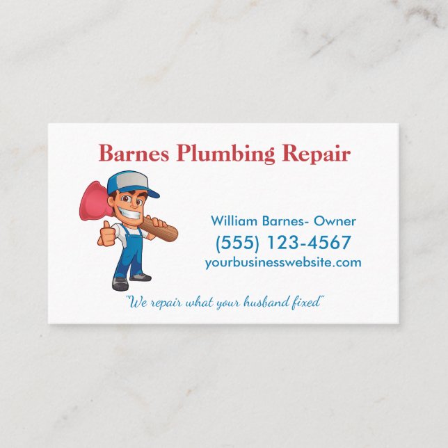 Cartoon Plunger Guy Professional Plumbing Service Business Card (Front)
