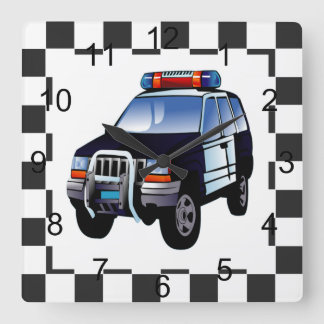 Cartoon Police Car On A Checked Background Square Wall Clock
