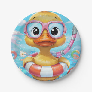 Cartoon Pool Party Duck with Snorkel and Swim Gear Paper Plate