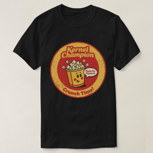 Cartoon Popcorn Bucket "Kernel Champion" Graphic T-Shirt (Design Front)
