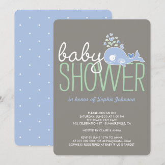 Cartoon Pregnant Blue Mummy Whale Boy Baby Shower Invitation