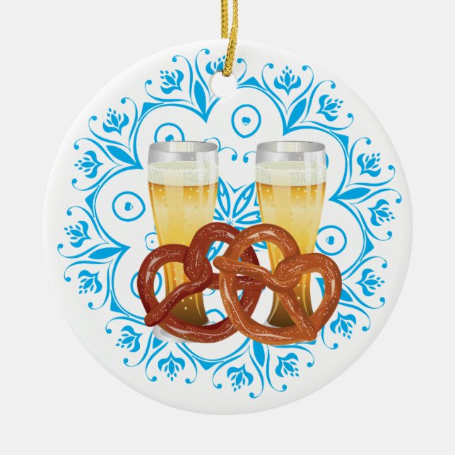 Cartoon Pretzel with Beer 2 Ceramic Tree Decoration (Front)