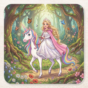 Cartoon Princess Riding on the Unicorn Square Paper Coaster