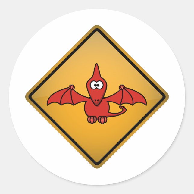 Cartoon Pterodactyl Warning Sign Classic Round Sticker (Front)