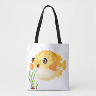Cartoon Pufferfish with seaweed Tote Bag