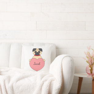 Cartoon pug with heart cushion