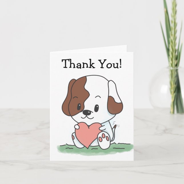 Cartoon Puppy Dog With A Heart Thank You Card (Front)