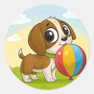 Cartoon Puppy Holding a Colourful Ball Classic Round Sticker