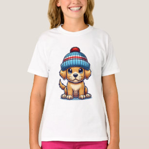 Cartoon Puppy Wearing Beanie Hat T-Shirt